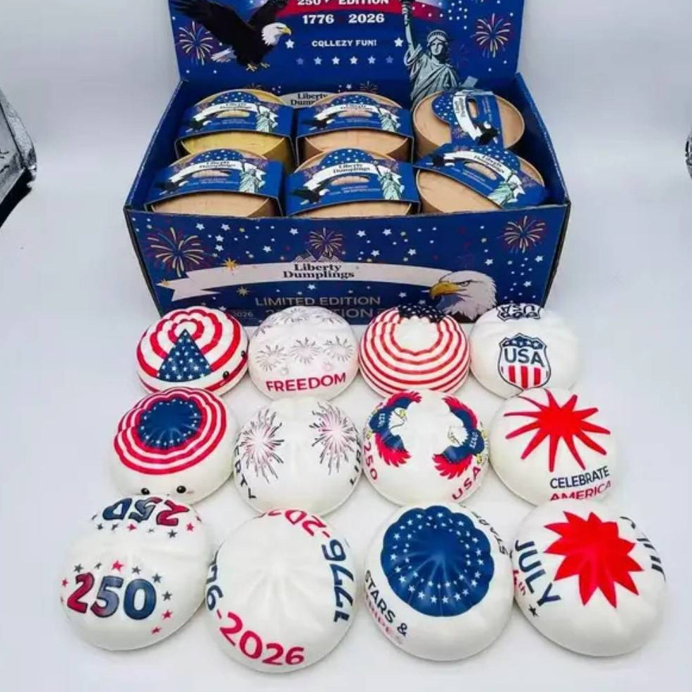 Red White & Blue Slow Rise Dumpling Pre-order: ARRIVES around JUNE 19TH: Fun booth fillers: Fun Sensory dumpling toys: Colors will be sent at random