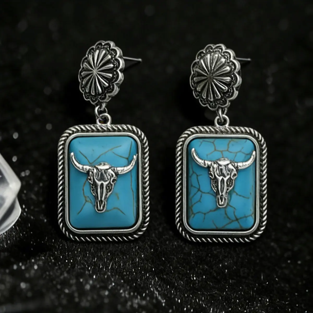 Western Turqoise Rectangular Bull Head Earring Pre-order: ARRIVES around JUNE 19TH: Booth fillers: Western Jewelery
