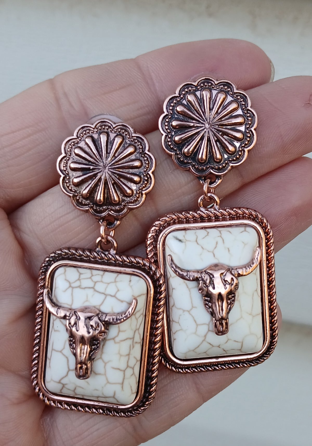 Western White Rectangular Bull Head Earring: READY TO SHIP: Booth fillers: Western Jewelery