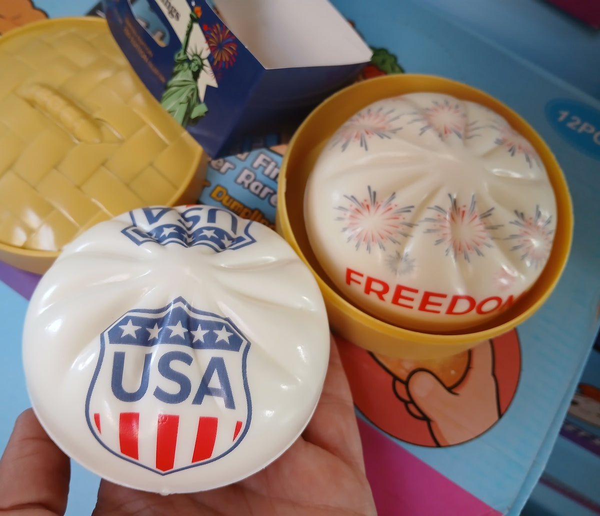 Red White & Blue Slow Rise(same texture are the butter squishys) Dumpling: READY TO SHIP: Fun booth fillers: Fun Sensory dumpling toys: Colors will be sent at random