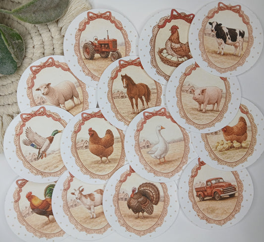 14pc Vintage Farm theme circle cardstock cut-outs