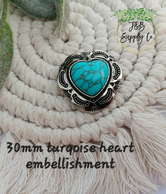 1pc 30mm Turqoise heart embellishment