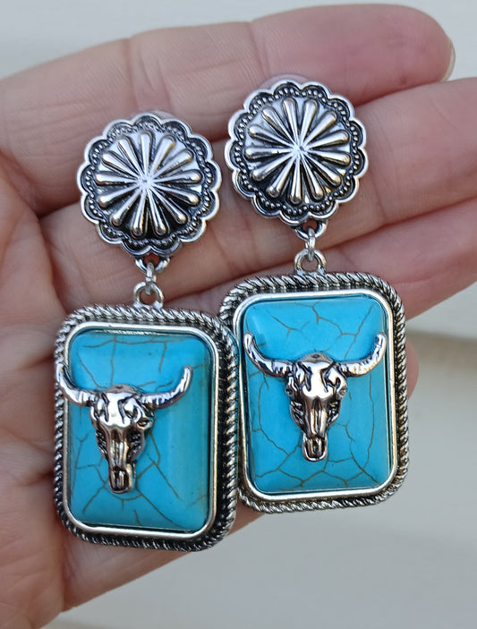Western Turqoise Rectangular Bull Head Earring: READY TO SHIP: Booth fillers: Western Jewelery