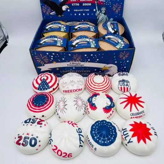 Red White & Blue Slow Rise Dumpling Pre-order: ARRIVES around JUNE 19TH: Fun booth fillers: Fun Sensory dumpling toys: Colors will be sent at random