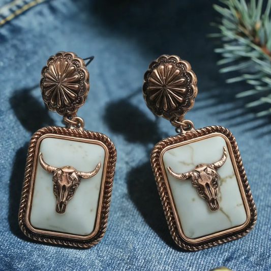 Western White Rectangular Bull Head Earring Pre-order: ARRIVES around JUNE 19TH: Booth fillers: Western Jewelery