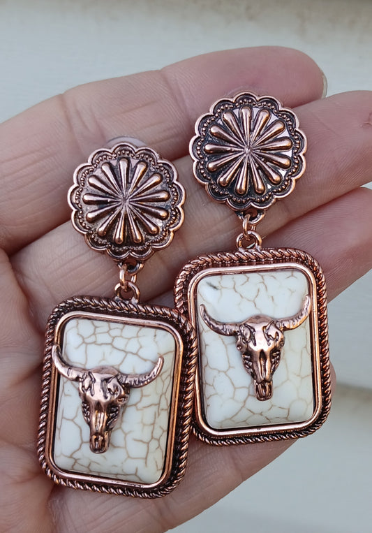 Western White Rectangular Bull Head Earring: READY TO SHIP: Booth fillers: Western Jewelery