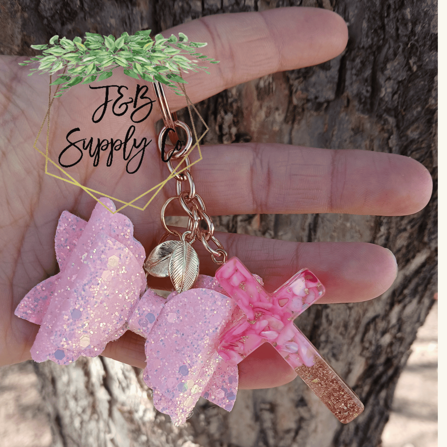 10pc Handmade resin cross glitter bow keychain