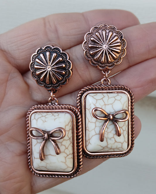 Western White Rectangular Bow Earring: READY TO SHIP: Booth fillers: Western Jewelery